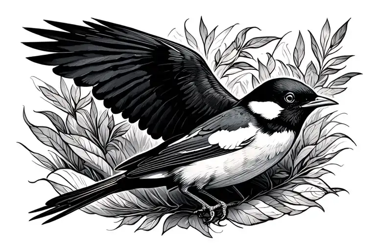 Black Ink Oriole Bird Flying With Outstretched Wings