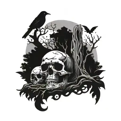 Trees And Skulls And Crows And Gravestone And Dark Figure