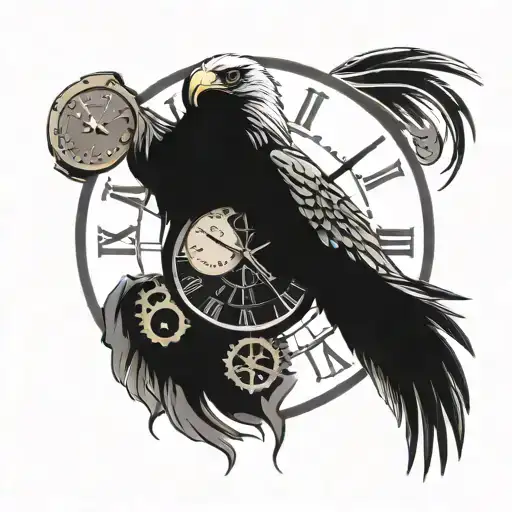 A Tattoo Of An Eagle's Head In The Middle Of A Clock With A Round Hand Broken In Two