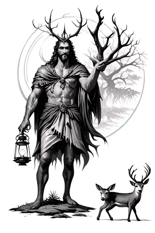 God Of The Forest Holding A Lantern In His Hand And A Small Deer In The Other Hand