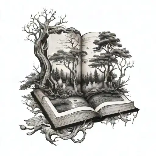 A Mystical Forest Scene With Hidden Book Elements Intertwined In The Trees