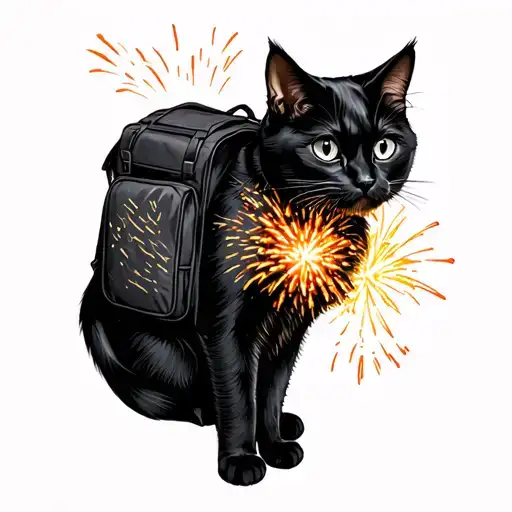 Black Cat With A Black Back Pack Full Of Fire Works