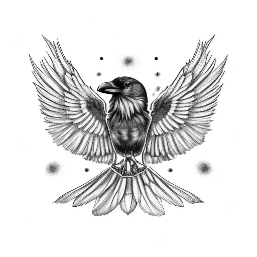 Top View Of Raven With Its Wings Spread With Stippling On The Tail To Fade Out