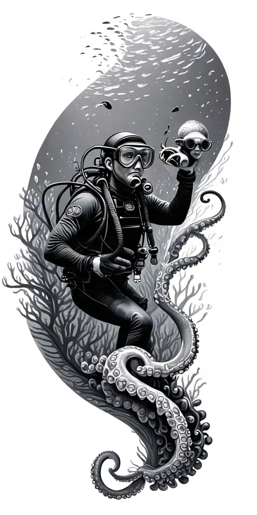 Scuba Diver Exploring A Coral Reef With Octopus Gracefully Swimming