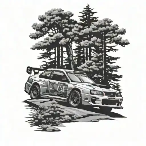 1998 Subaru Wrc Rally Car Evergreen Tree Background Black And White