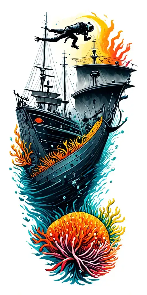 A Dynamic Composition Of A Scuba Diver Exploring A Sunken Ship Surrounded By Colorful Marine Life