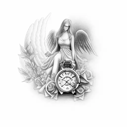 Female Angel With Roses And Old Watch