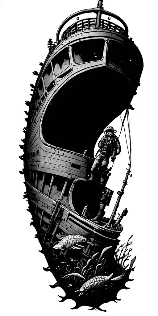 Sunken Shipwreck With Scuba Diver And Marine Life