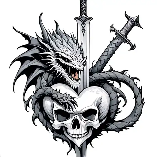 Dragon Wrapping A Heart And Skull Separated By A Sword