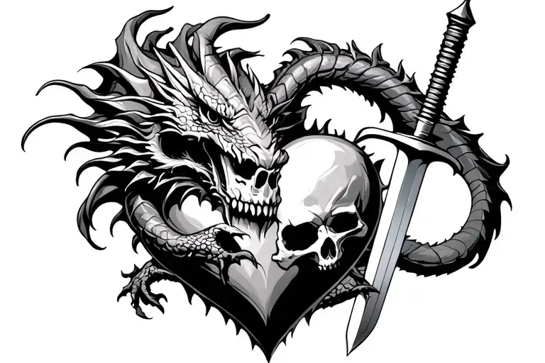Dragon Wrapping A Heart And Skull Separated By A Sword