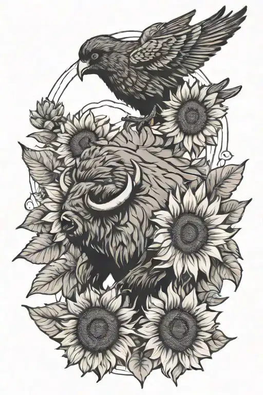 Bison Sunflower And Dove Flying