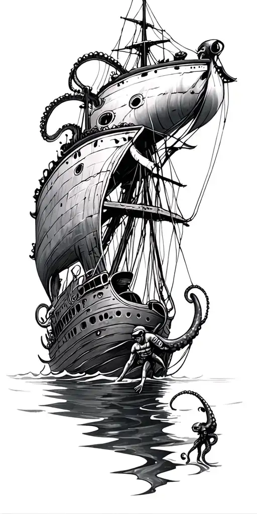 Sunken Ship Wreck With Scuba Diver And Octopus