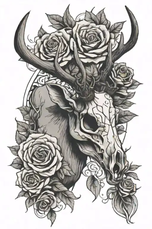 Elk Skull With Antlers And Roses Growing