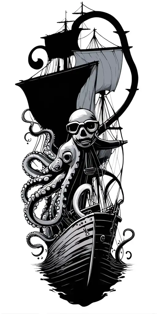 Sunken Ship Wreck With Scuba Diver And Octopus