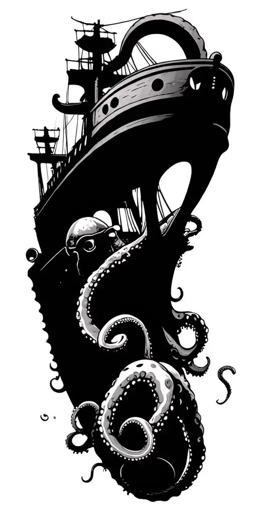 Sunken Underwater Ship Wreck With Scuba Diver And Octopus Tentacles