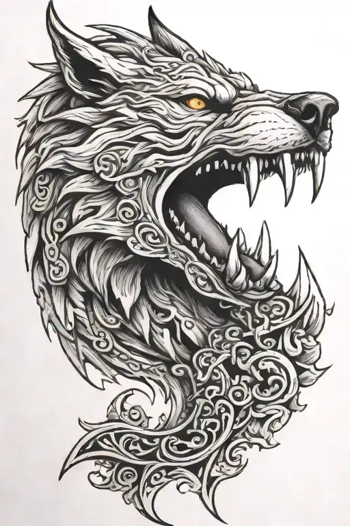 Fenrir With A Sword Stabbed Into His Mouth Open