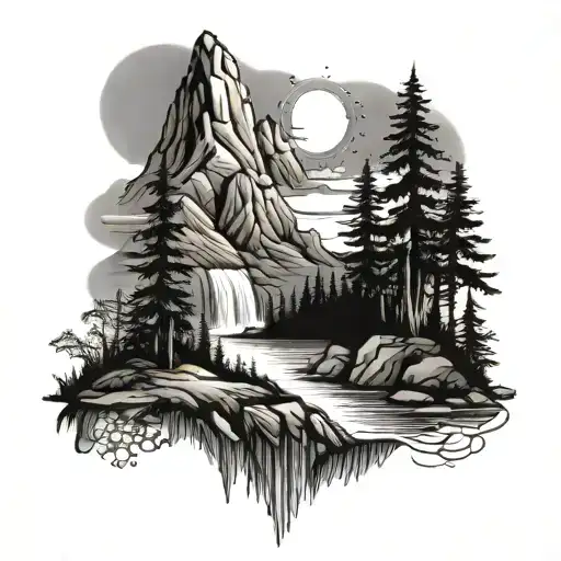 Half Sleeve Tattoo With Mountains Trees Sun Set Waterfall And Lake All Dark Colors