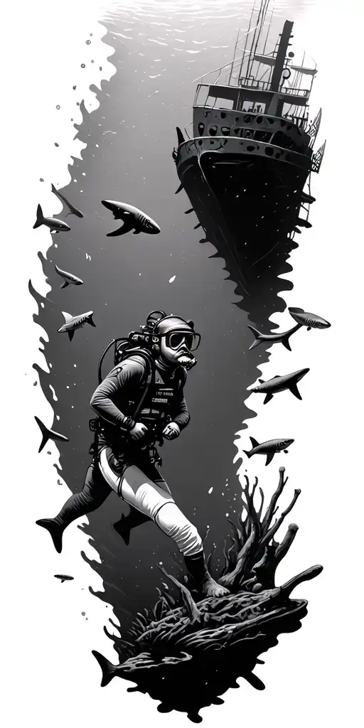 Scuba Diver Exploring Underwater Shipwreck Surrounded By Sharks