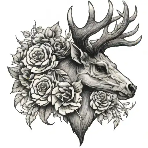 Elk Skull With Antlers And Flowers Intertwined