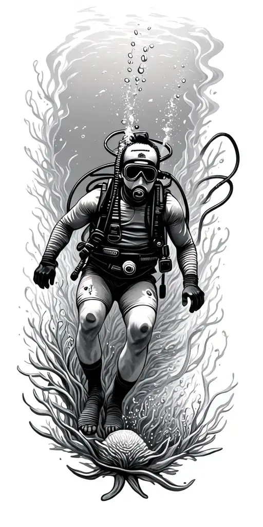 Scuba Diver Swimming Down Surrounde By Marine Life