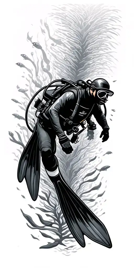 Scuba Diver Wearing Fins Swimming Down Surrounde By Marine Life