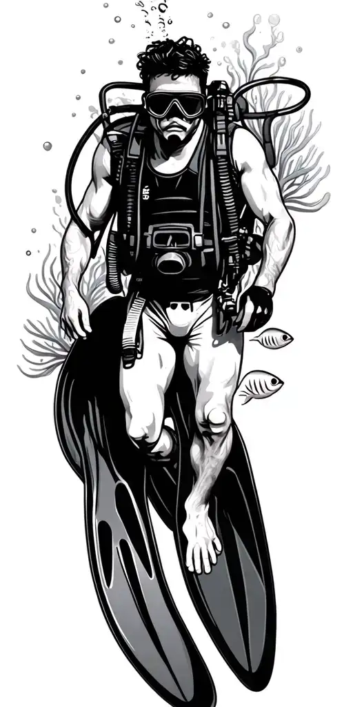 Scuba Diver Wearing Fins Swimming Surrounded By Marine Life