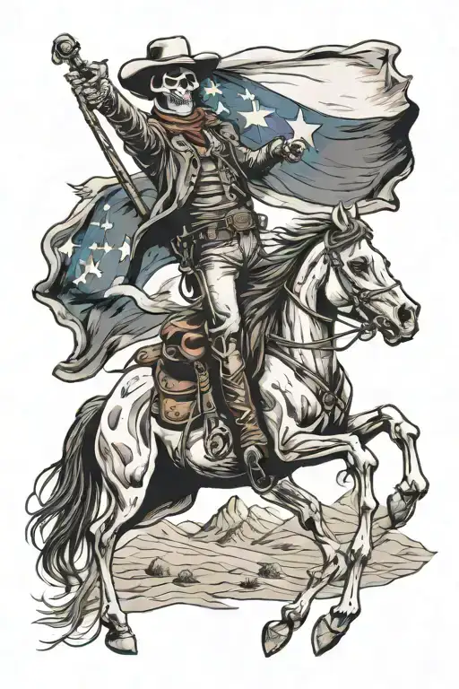 I Want A Skeleton That Is A Western Cowboy Holding A Texas Flag Riding A Horse