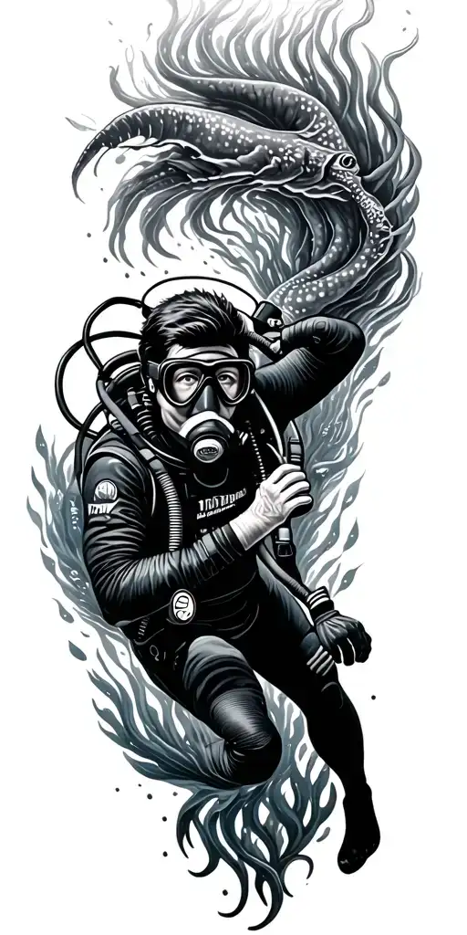 Scuba Diver Swimming Downsurrounde By Marine Life Intertwined