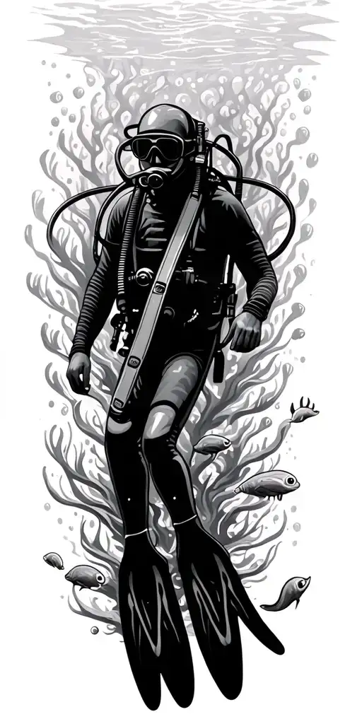 Scuba Diver Wearing Flippers Swimming Down Surrounde By Marine Life Intertwined