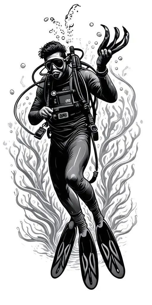 Scuba Diver Wearing Flippers Swimming Down Surrounde By Marine Life Intertwined