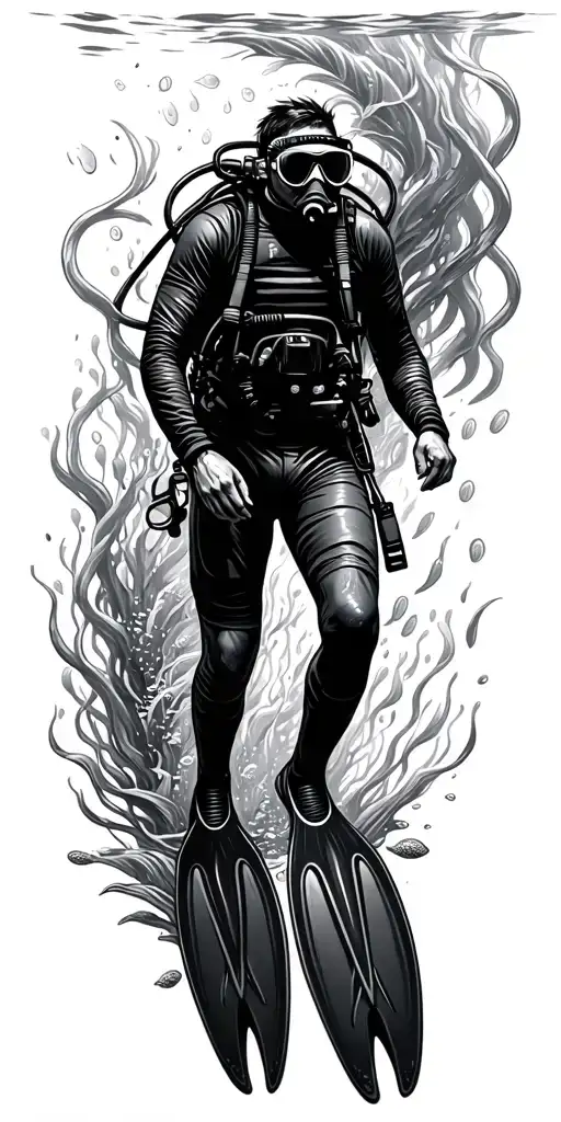 Scuba Diver Wearing Flippers Swimming Down Surrounde By Marine Life Intertwined