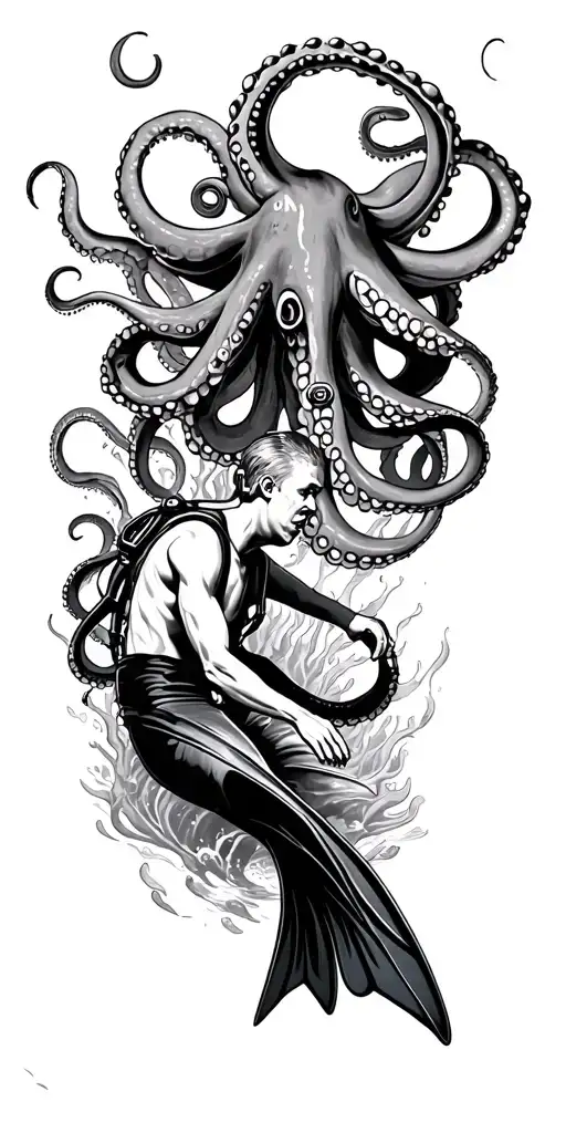 Diver Wearing Fins Swimming Surrounded By Marine Life Intertwined Octopus Overhead