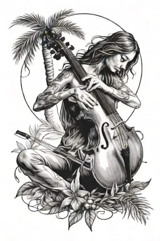 Young Woman Playing A Cello With Olive Branch And Palm Tree
