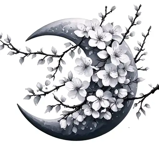 Crescent Moon Covered In Cherry Blossoms Wrapped Around It