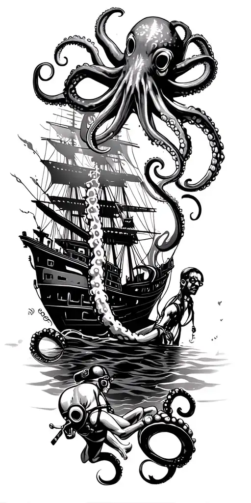 Underwater Scuba Diver Scene With Shipwreck And An Octopus Overhead