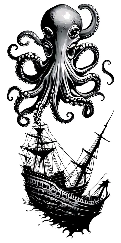 Underwater Scuba Diver Scene With Shipwreck And An Octopus Overhead