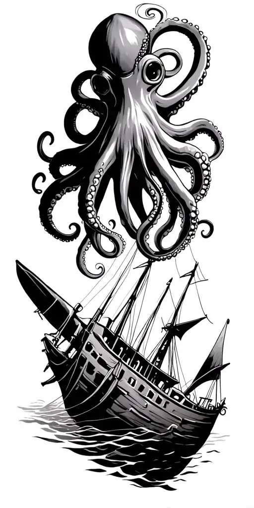 Scuba Diver With Fins Swimming Through A Shipwreck With An Octopus Above