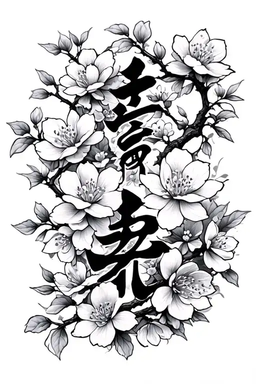 Cherry Blossoms Around Chinese Characters Upright