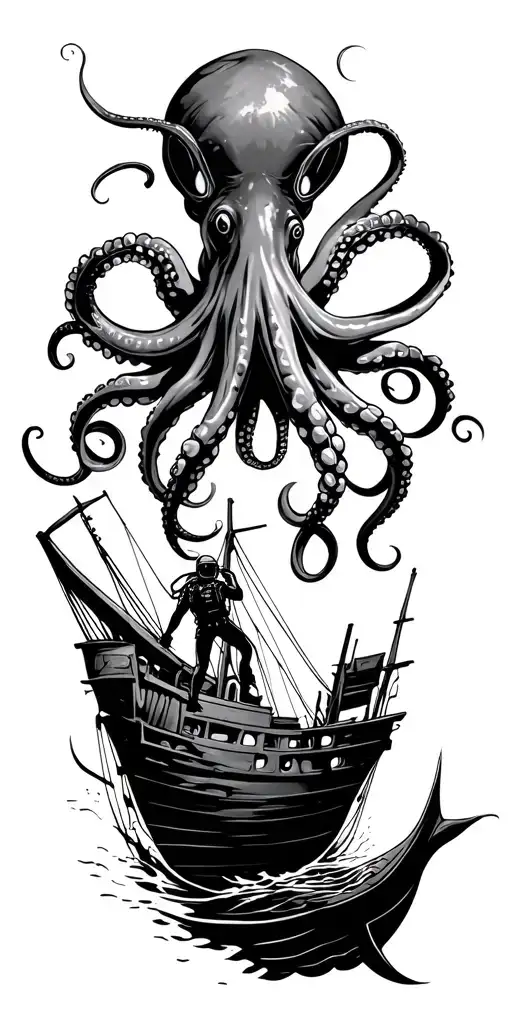 Underwater Scene Scuba Diver With Fins Swimming Through A Shipwreck With An Octopus Above