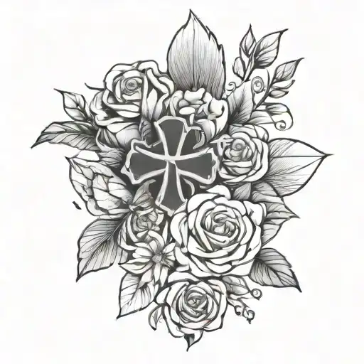 Fine Line Flower Bouquet With A Cross Intertwined