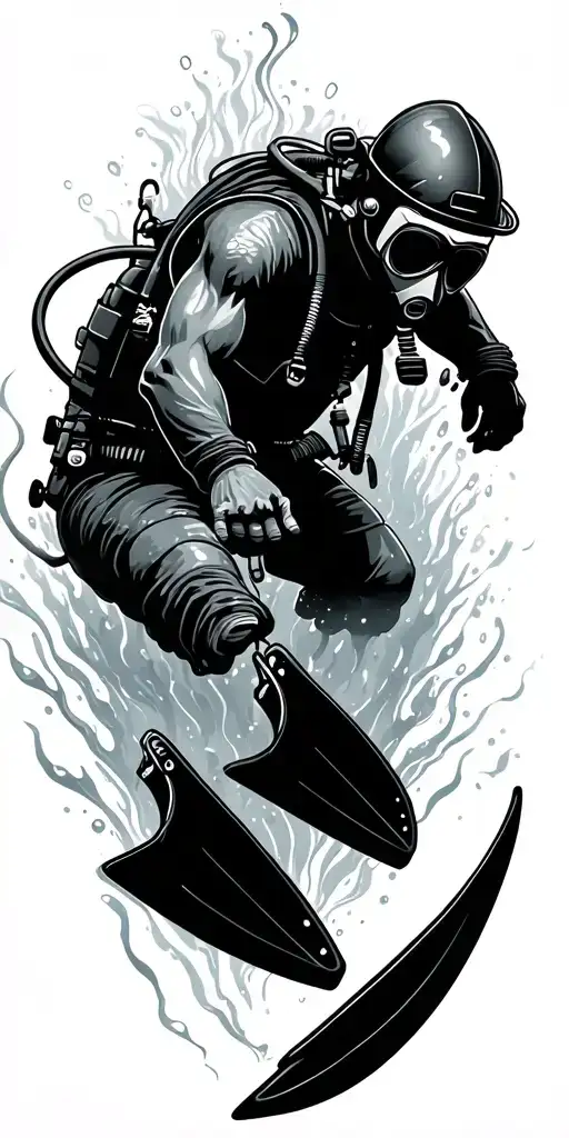 Undewater Scene With Scuba Diver Wering Fins Descending