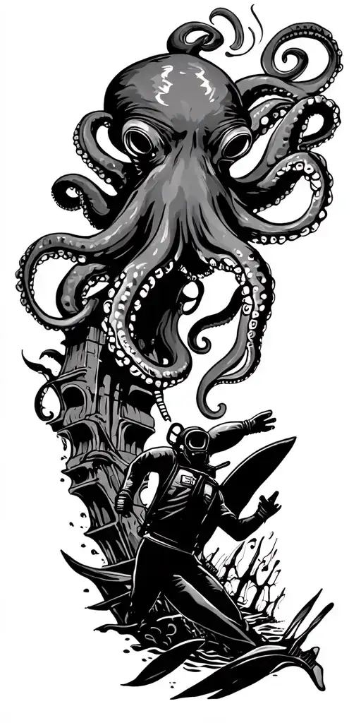 Undewater Scene With Scuba Diver Wering Fins Descending Into Shipreck With Octopus Above