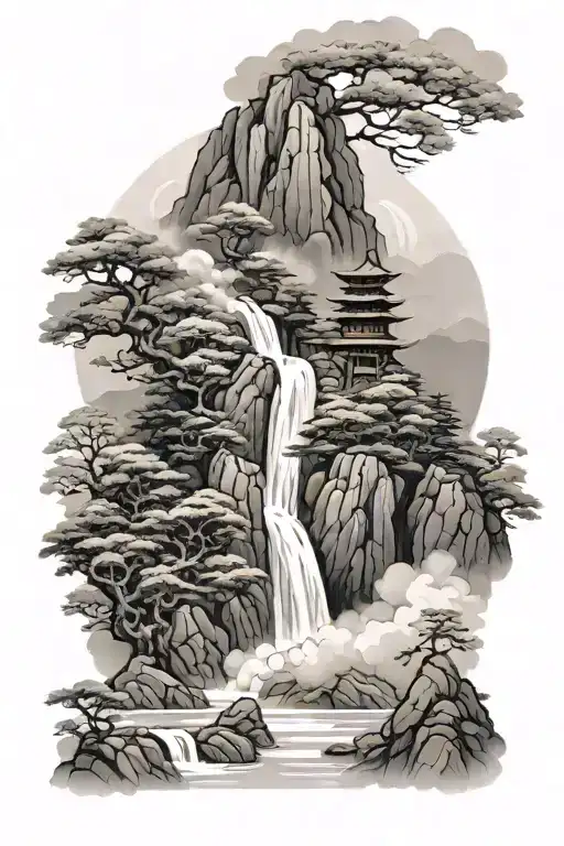 Japanese Style Waterfall With Foggy Mountain Landscape