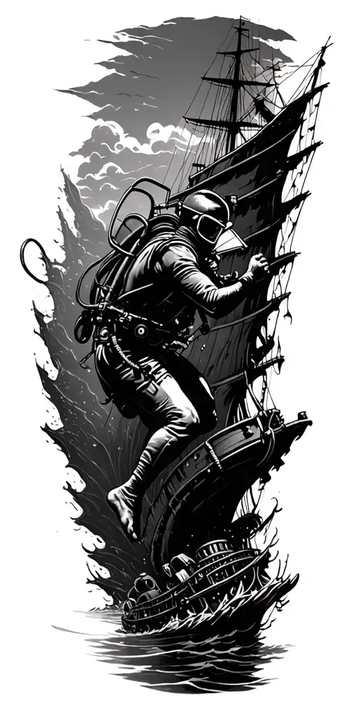 Scuba Diver Swimming Down Into Shipwreck Scene