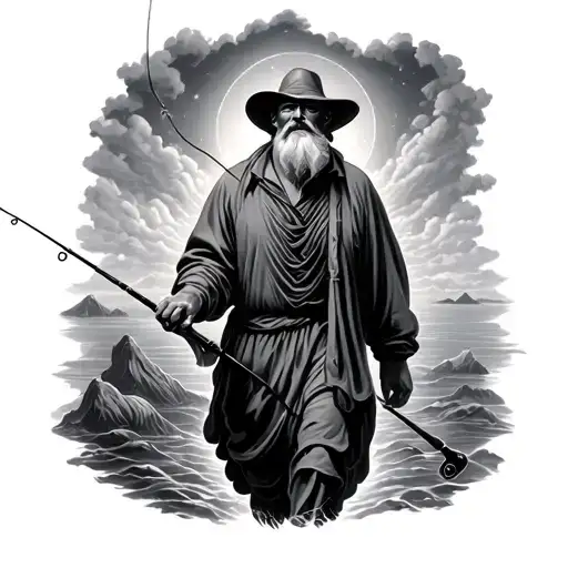Man Holding A Fishing Rod Walking Towards Heaven