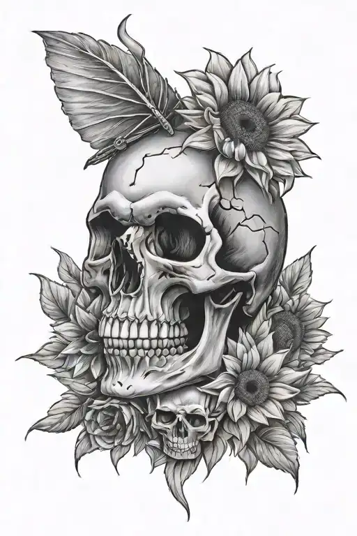 Tattoo Of A Knife Going Into A Skull With Sunflowers And Bluebonnets