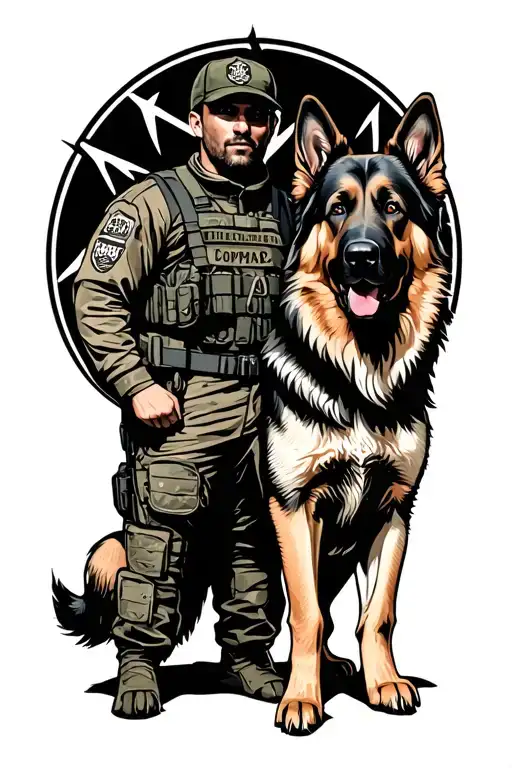 Combat Veteran With A German Shepherd Standing Side By Side In A Heroic Pose