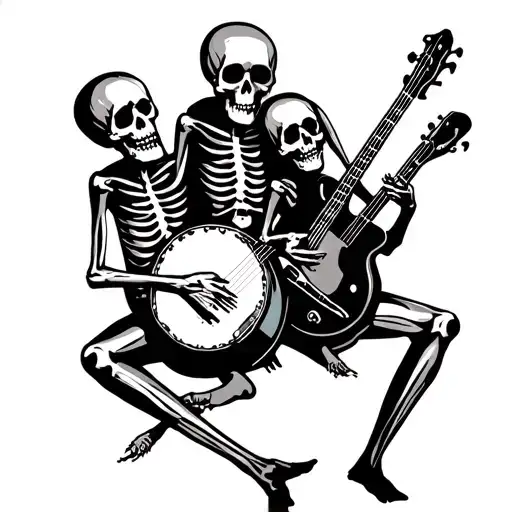 3 Skeletons Playing Banjo Sitar And Bass Guitar Sitting In A Circle In Grateful Dead Style