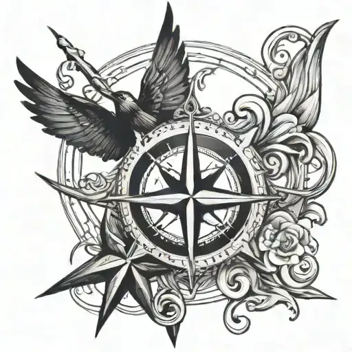 Marine Anchor Compass Rose Swallow Taking Flight