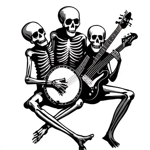 3 Skeletons Playing Banjo Sitar And Bass Guitar Sitting In A Circle In Grateful Dead Style
